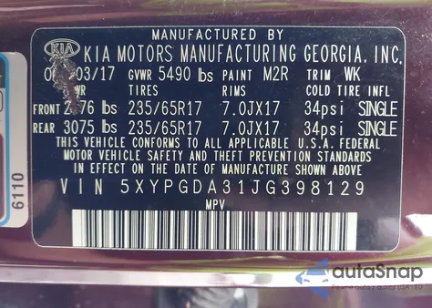 2018 Kia Sorento 2.4L Lx z USA, uszkodzony, nr VIN 5XYPGDA31JG398129